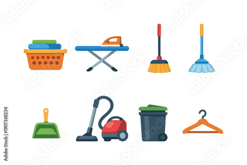 Household daily routine objects flat style: laundry basket, ironing board, broom, mop, dustpan, vacuum cleaner, trash bin, cloth hanger