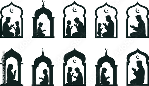 Ramadan kareem silhouettes of people in mosque arches