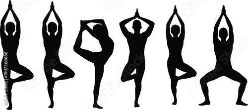 Silhouette of people practicing various yoga poses in a row