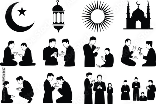 Ramadan kareem islamic symbols and people in prayer