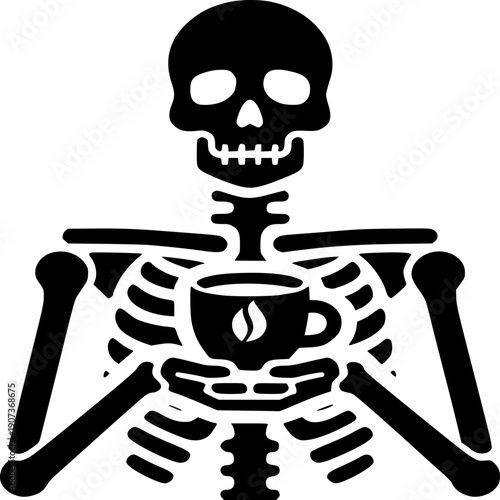 Caffeinated Anatomy: An artistic illustration of a skeleton, cradling a coffee cup with a coffee bean emblem, conveying a darkly humorous blend of mortality and caffeine dependence.