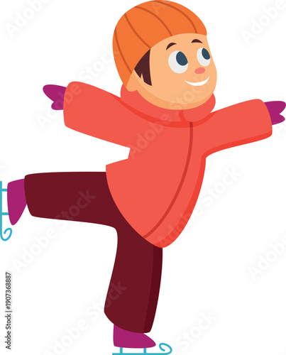 Winter kid joy. Happy boy ice skating outdoor