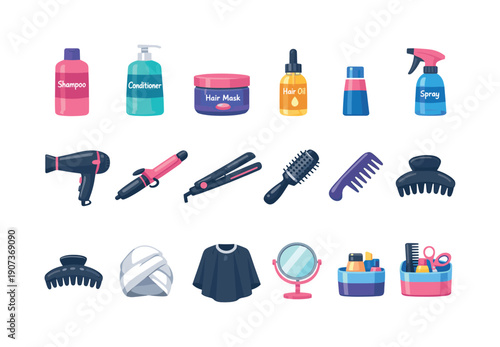 Hair care and styling routine modern colourful flat vector style: shampoo bottle, conditioner bottle, hair mask jar, hair oil bottle, spray bottle, hair dryer