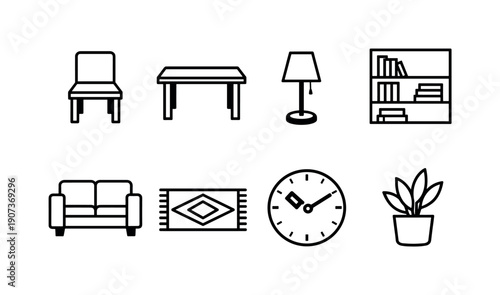 Minimalist Home Icons. Home Essentials in linear style: chair, table, lamp, bookshelf, sofa, rug, clock, plant
