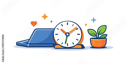 Balanced Work Environment. Healthy focus ritual and intentional work breaks during screen-heavy days, a slightly closed laptop paired with a desk clock and a