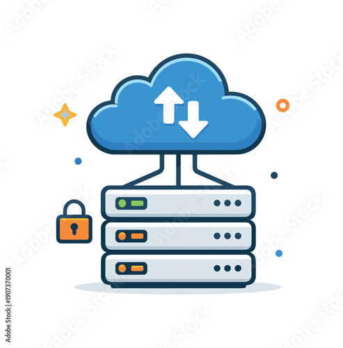 Cloud technology and digital infrastructure for modern businesses emphasizing reliability and scalability, a cloud icon connected to a simple server block as a