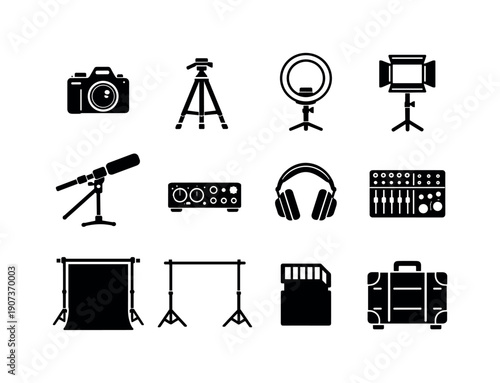 Streaming and content creation gear in linear style: streaming camera, camera tripod, ring light, studio light, boom microphone, audio interface, headphone set