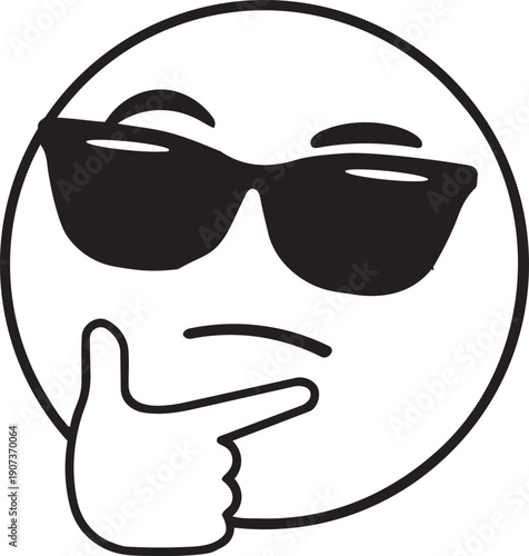 Cool Emoji Thinking: A stylish emoji wearing sunglasses ponders a thought, hand on chin, representing contemplation and a cool demeanor.