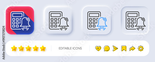 Calculator alarm line icon. Neumorphic, Flat shadow, 3d buttons. Accounting sign. Calculate finance symbol. Line calculator alarm icon. Social media icons. Vector