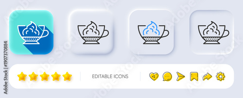 Espresso with whipped cream icon. Neumorphic, Flat shadow, 3d buttons. Hot coffee drink sign. Beverage symbol. Line espresso cream icon. Social media icons. Vector