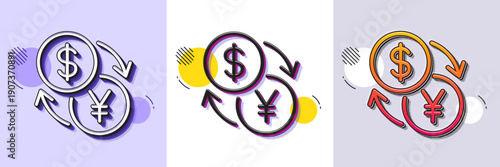 Currency exchange line icon. Halftone dotted pattern. Gradient icon with grain shadow. Dollar to Yen money sign. Convert currency symbol. Line currency exchange icon. Various designs. Vector