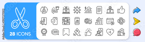 Chemistry experiment, Smartphone statistics and Phone insurance line icons. Interest rate, AI generate, Inflation icons. Pack of Cut, Like, Charging station icon. Vector