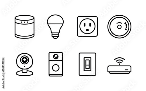 Smart home devices: smart speaker, smart bulb, smart plug, smart thermostat, smart camera, smart doorbell, smart switch, smart hub