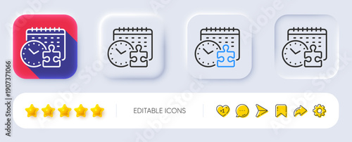 Puzzle time line icon. Neumorphic, Flat shadow, 3d buttons. Jigsaw piece with clock sign. Business challenge symbol. Line puzzle time icon. Social media icons. Vector