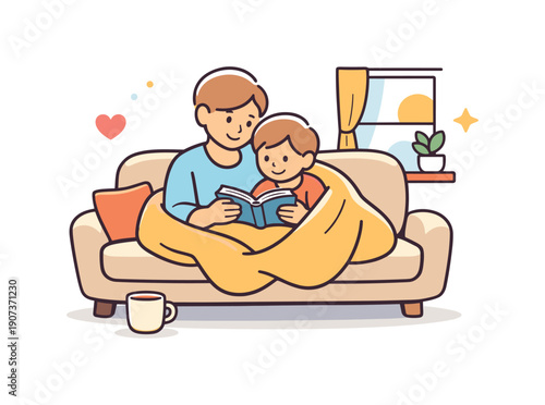 Calm family morning at home focused on gentle togetherness and shared routine before daily activities, an adult and child sitting together on a sofa with a warm