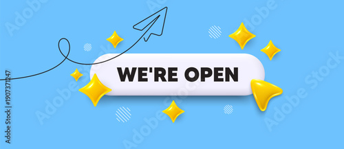 Open search bar. Share plane line icon. We are open. Promotion new business sign. Welcome advertising symbol. Search button with 3d sparkles. Vector