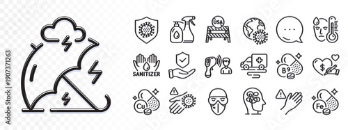 Iron, Coronavirus and Hand sanitizer line icons for web app. Glare of light effect. Message icon. Pack of Wash hand, Fever, Dont touch pictogram icons. Vector