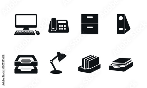 Office workflow tools in silhouette style: desktop computer, keyboard, mouse, desk phone, filing cabinet, binder, paper tray, desk lamp
