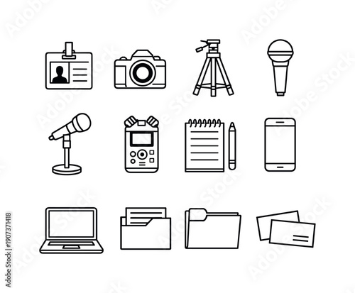 Media relations tools in linear style: press badge, camera, camera tripod, microphone, microphone stand, audio recorder, notepad, pen, smartphone, laptop, media