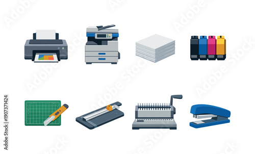 Printing equipment and tools flat style: printer, photocopier, paper stack, ink cartridge, cutting mat, paper trimmer, binding machine, stapler