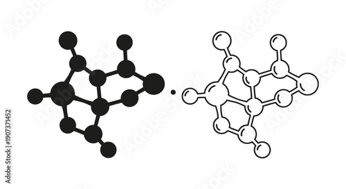 Black solid and outline molecular structure vector icon set, chemical compound symbol, science and technology element isolated on white