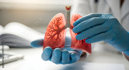 Medical hands holding human lung model representing respiratory health and medicine