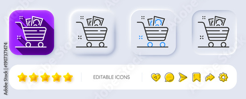 Grocery basket line icon. Neumorphic, Flat shadow, 3d buttons. Shopping cart sign. Price inflation symbol. Line grocery basket icon. Social media icons. Vector