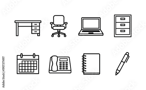 Office Essentials in linear style: desk, chair, laptop, filing cabinet, calendar, telephone, notebook, pen