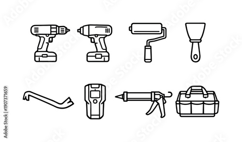 Home Renovation Tools. Home renovation tools: cordless drill, impact driver, paint roller, putty knife, pry bar, stud finder, caulking gun, tool bag