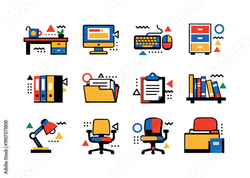 Brand licensing operations and partner management assets in abstract flat style: office desk, desktop computer, monitor, keyboard, mouse, filing cabinet, binder