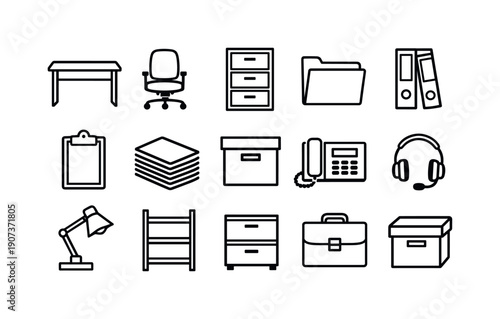 Office Equipment Icons. Customer advocacy equipment in linear vector style: office desk, office chair, filing cabinet, document folder, binder, clipboard, paper