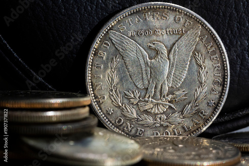Billede på lærred 1889 Morgan Silver Dollar Macro with Stacked Silver Coins