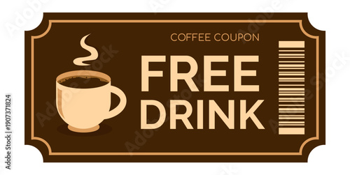 Free coffee drink coupon with a coffee cup image. Chocolate-colored voucher template. Concept for a promotion, happy hour, opening, or party. Vector illustration.
