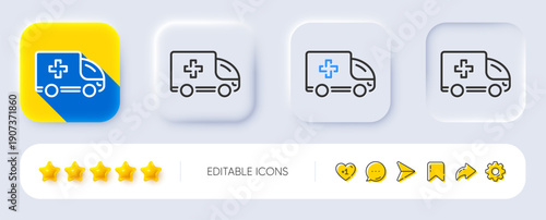Ambulance emergency car line icon. Neumorphic, Flat shadow, 3d buttons. Hospital transportation vehicle sign. Medical symbol. Line ambulance emergency icon. Social media icons. Vector
