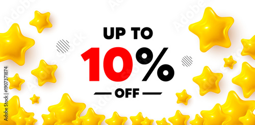 Discount tag winner banner with 3d stars. Golden stars banner. Up to 10 percent off sale. Discount offer price sign. Special offer symbol. Save 10 percentages. Review rate background. Vector