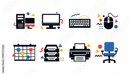 Vector Office Icons. Campaign planning workspace abstract flat style: desktop computer, monitor, keyboard, mouse, calendar board, document tray, printer, office