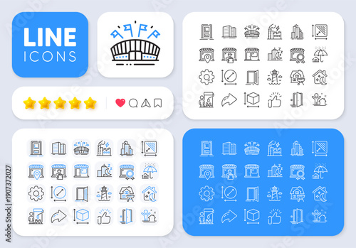 Skyscraper buildings, Square area and New house line icons for web app. Message, Share, Like social media icons. Pack of Market, Sports arena, Lighthouse pictogram icons. Vector