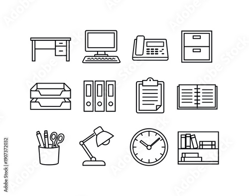 Information management administration workspace in linear style: office desk, desktop computer, desk phone, filing cabinet, document tray, binder, clipboard