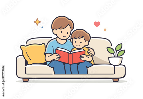 Peaceful family afternoon at home focused on shared quiet time and emotional closeness in a familiar space, a parent and child sitting together on a sofa