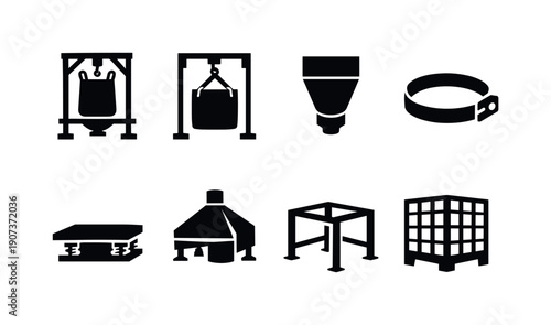 Industrial bulk bag discharge systems: bulk bag unloader, lifting frame, discharge spout, clamp ring, vibration table, dust hood, support frame, safety cage