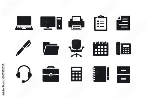 Professional Operations in silhouette style: laptop, desktop computer, printer, clipboard, document, pen, folder, office chair, calendar, telephone, headset