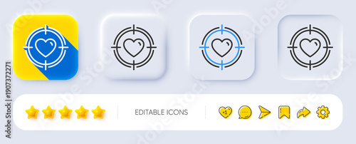 Heart in Target aim line icon. Neumorphic, Flat shadow, 3d buttons. Love dating symbol. Valentines day sign. Line valentine target icon. Social media icons. Vector
