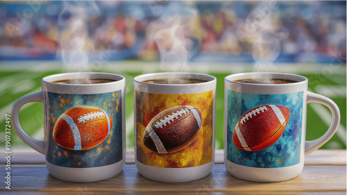 Three Rugby Themed Mugs on a Wooden Table with Stadium Backdrop in Warm Light