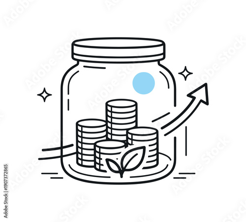 Long-term financial stability planning and mindful saving habits in everyday life management, a closed jar with neatly stacked coins and a subtle upward arrow