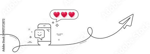 Smile phone line icon. Continuous line with share plane. Positive feedback rating sign. Customer satisfaction symbol. Hearts rate review in speech bubble. Smile single line ribbon. Vector