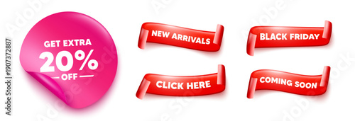 Extra discount sticker, offer ribbons. Black friday, coming soon. Get Extra 20 percent off Sale. Discount offer price sign. Special offer symbol. Save 20 percentages. Pink sticker tag. Vector