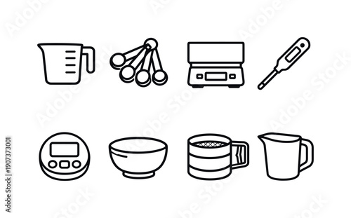 Home kitchen measuring tools: measuring cup, measuring spoon, kitchen scale, thermometer, timer, mixing bowl, sifter, liquid pitcher