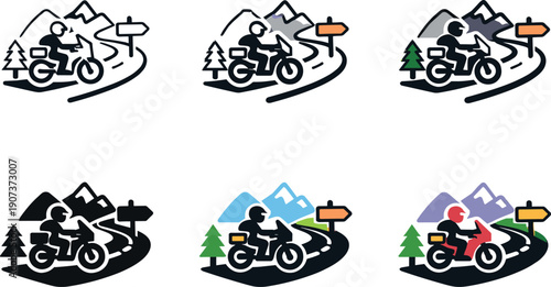 Motorbike travel icon showing stylized motorcycles, winding roads, and directional symbols representing adventure riding, touring