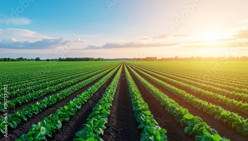 Wallpaper Mural Lush green crops growing in neatly arranged rows at sunrise Torontodigital.ca