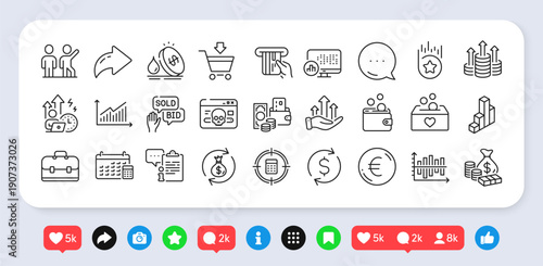 Euro money, Credit card and Clipboard line icons pack. Social media: share, comment, like icons. Online market, Cyber attack, Money exchange web icon. Vector